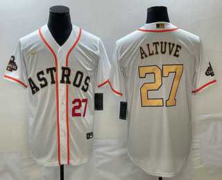 Mens Houston Astros #27 Jose Altuve Number 2023 White Gold World Serise Champions Patch Cool Base Stitched Jersey->houston astros->MLB Jersey